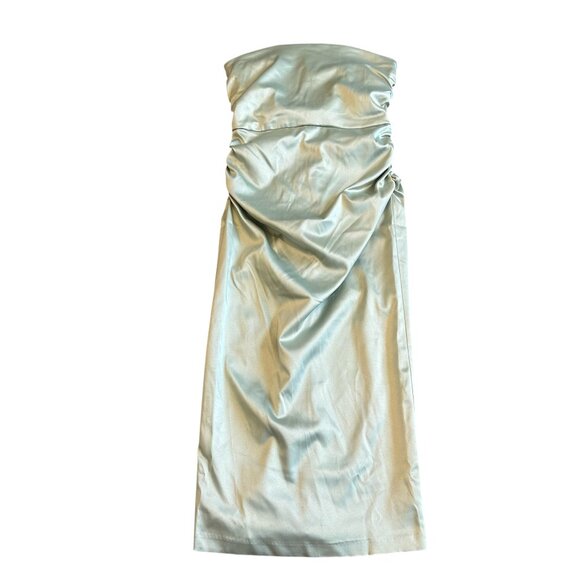 BHLDN Anthropologie Strapless Green Satin Dress Ruched Knee Length Size Med NWT - Picture 2 of 13